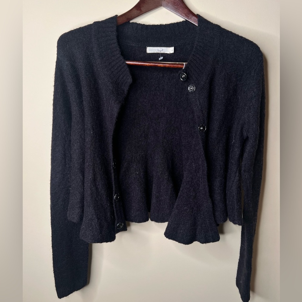 Vintage Black Mohair Blend Cardigan Sweater ruffle hem. HAGEL - Picture 2 of 5